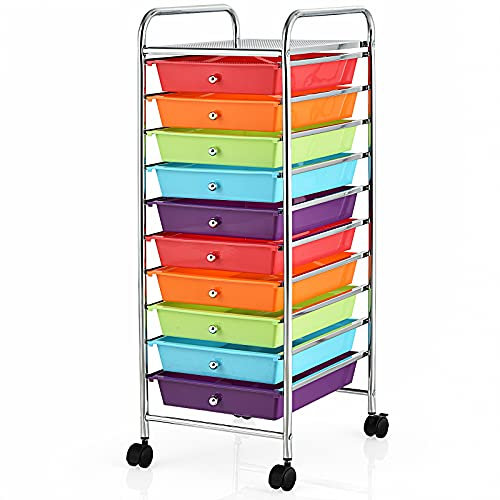 GIANTEX Carro de Almacenamiento 10 Cajones, Estantería con 4 Ruedas (2 con Frenos), Carrito de Plástico con Marco de Metal, Organizador para Oficina, Cocina, Baño, 33x37x86 cm (Colorido)
