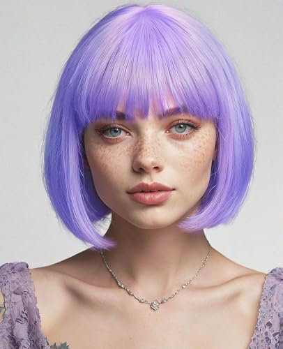 YEESHEDO Damen Helles Lila Kurze Bob Gerade Haar Violett Perücken mit Pony Hitzebeständige Synthetische Bunte Perücke für Frauen für Tägliche Party Cosplay Kostüme