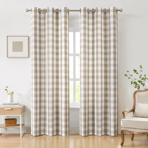 Amzdecor Buffalo Vorhänge mit Ösen, 213 cm Länge, Hellbraun, halbdurchsichtig, Vichy-Karo, rustikal, strukturierte Vorhänge für Wohnzimmer, Schlafzimmer, 2 Paneele (101,6 x 213,4 cm, Beige/Hellbraun
