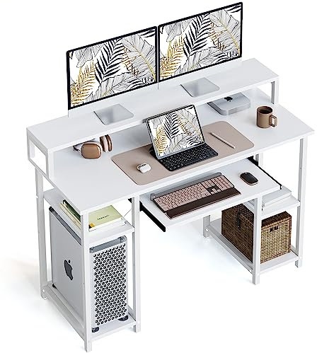 CubiCubi 120x50 cm Computer Desk with Storage Shelves Monitor Stand Keyboard Tray, Home Office Desk, Study Writing Table, White