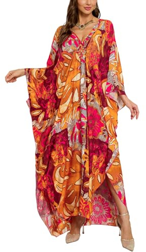 L-Peach Damen Bohemian Kaftan Nachthemd Langes Loungewear Strandkleid Vertuschungen Robe Sarong Pareo