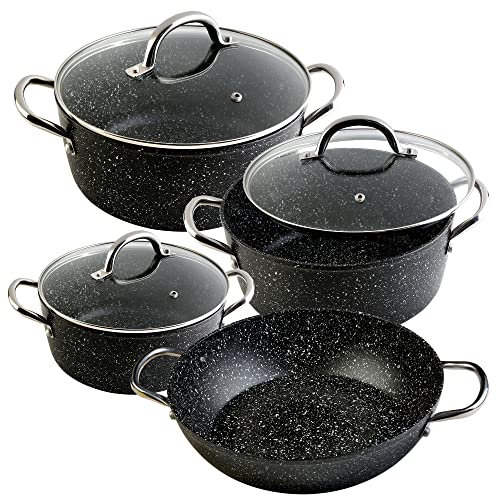 WECOOK Granite Batería Cocina Inducción 7 Piezas Aluminio Forjado, 4 Ollas, 3 Tapas Vidrio, Antiadherente Ecológico Piedra sin PFOA, Asas Acero, Vitrocerámica, Gas, Horno, Negro Moteado