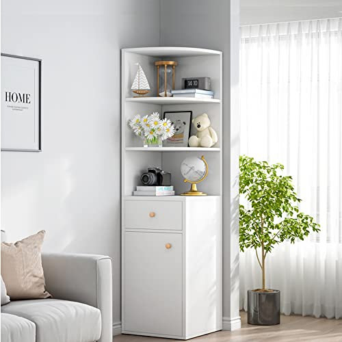 mosegor Corner Bookcase White Wooden Corner Storage Cabinet White 3-Tier Corner Shelving Unit with Drawers and Cabinet for Home Living Room Bedroom Office Bathroom 150 x 30 x 30 cm (H x L x W)