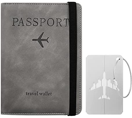 Custodia per Passaporto con Etichetta per Bagaglio, Custodia per Passaporto con Blocco RFID, Custodia Protettiva per Carte di Credito, Porta Carte, D'identità e Documenti di Viaggio(Grigio)