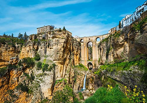 wandmotiv24 Fototapete Steinbrücke Andalusien Spanien, XS 150 x 105cm - 3 Teile, Wanddeko, Wandbild, Wandtapete, Landschaft Berge Wasserfall Burg M6332