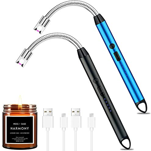 NCKIHRKK Lichtbogen Feuerzeug Elektrisch,2 Stück Stabfeuerzeug,mit 360° flexiblem Hals,Winddichte,Flammenlose,USB aufladbar Plasma Kerzenanzünder für Kerzen anzünden,Grill,Camping,Kamin (Schwarz+Blau)
