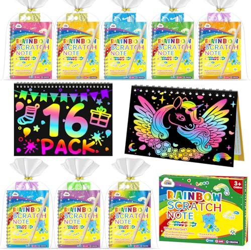 ZMLM 16 Libros Scratch Art para Niños, Regalo Creativo Dibujar de Rascar Kit con 18 Lápices de Madera, 16 Plantillas de Dibujo, Rainbow Magic Scratch Papel Regalo Cumpleaños Niños para de 3 a 12 Años