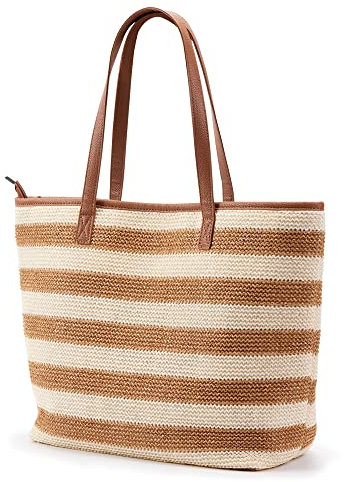 KALIDI Straw Tote Beach Bag Striped Shoulder Handbag Stitch Woven PU Leather Handle Zipper Closure Inner Pocket Travel Shopping Picnic
