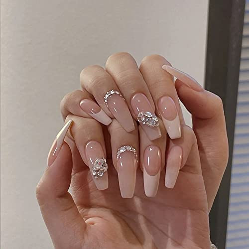 AKOFIC 24 Pièces Faux Ongles Français Long, Cercueil Rose et Blanc Faux Ongles avec Colle à Ongles, Press On Nails Ballerine Faux Ongles à Coller Nail Art pour Femme et Fille