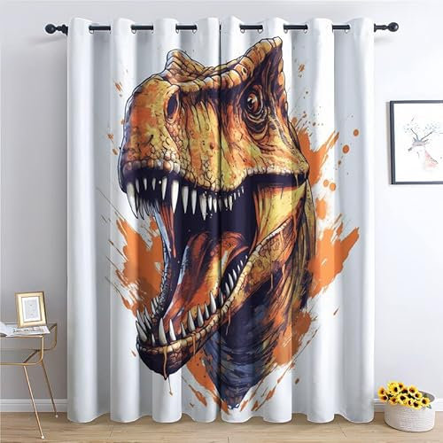 Dinosaurier Vorhänge Verdunklung svorhänge mit Muster Dino-Tier, Vorhang Blickdicht mit Ösen Gardinen Wohnzimmer Schlafzimmer Kinderzimmer Dekoration 2er Set - 160 x 132 (H X B)