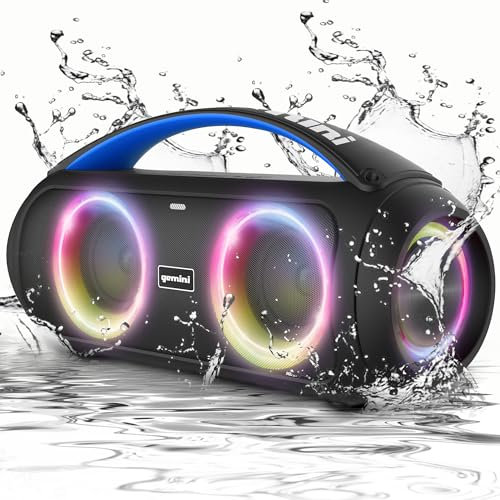 Gemini Sound GGO-230L Altavoz portátil inalámbrico Bluetooth IPX5 impermeable Boombox Party Speaker 50W de potencia máxima, iluminación LED para fiestas, sintonizador de radio FM, capacidad de banco