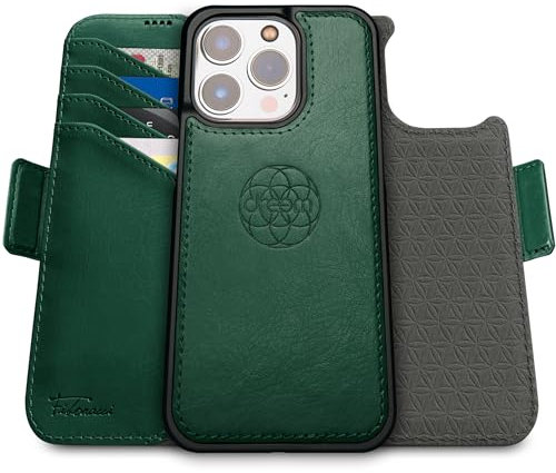 Dreem Fibonacci kompatibel mit iPhone 15 Pro Brieftaschen-Etui / 2-in-1 stoßfestes Etui und abnehmbares Folio aus veganem Leder, MagSafe-kompatibel, RFID-Schutz [Grün]