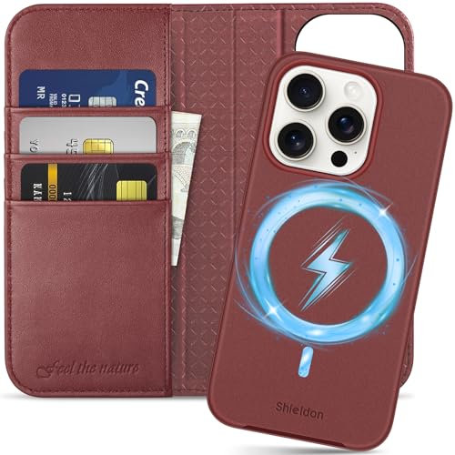 SHIELDON Custodia per iPhone 15 Pro, Portafoglio in Vera Pelle 2 in 1 Rimovibile con Blocco RFID Cover di Ricarica Wireless Magnetica Antiurto Compatibile con iPhone 15 Pro - Vino Rosso