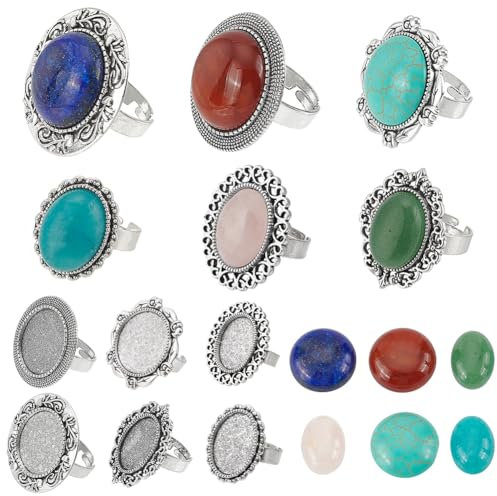 SUNNYCLUE 6 Sets Cabochon Ring Set Cabochon Fassungsringe Verstellbare Ringe Bulk Heilungsenergie Glücks Türkis Edelsteine Vintage Stein Cabochon Ringe Edelstein Cabochon Für Schmuckherstellungs Kits