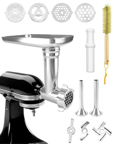 QWORK® Accesorio para picadora de carne compatible con batidoras KitchenAid, incluye 4 platos trituradores y 3 embutidoras de salchichas