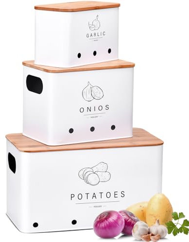 YESLUSY Kartoffel Aufbewahrungsbox 3er Set, Küche Aufbewahrung für Zwiebel Kartoffeln Knoblauch Aufbewahrung, Aufbewahrungsbox küche mit Belüftungslöchern, Lagerung und Lange Haltbarkeit (Weiß)