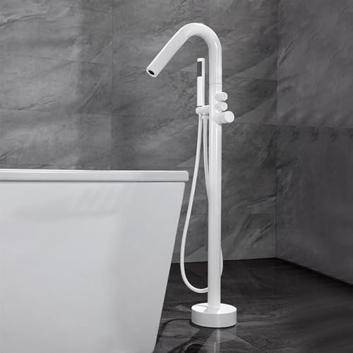 Mitigeur Baignoire Sur Pied Robinet de Salle de Bain Sur Pied a Col De Cygne a 2 Modes Conception a 3 Boutons,Blanc