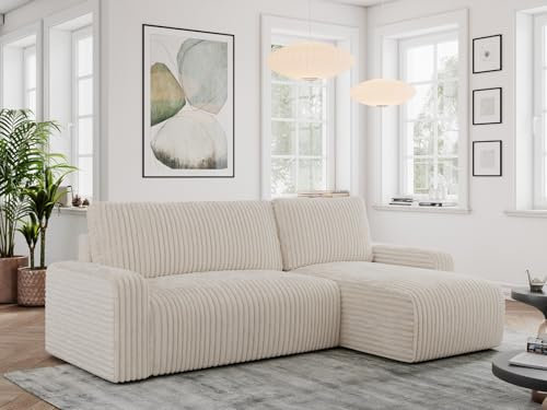 MKS MEBLE Cord Sofa L-Form Mit Schlaffunktion und Bettkasten, Ecksofa, Eckcouch, Couchgarnitur Ecke Bettcouch - Argos - Beige
