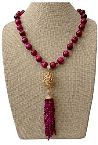 MYVVKIA Collane da Donna 22 Pollici 14 mm Occhio di Tigre Fucsia Collana con Perline Rotonde Pietra Fucsia Zirconi cubici Pave Egg Ciondolo Color Oro Accessori Moda