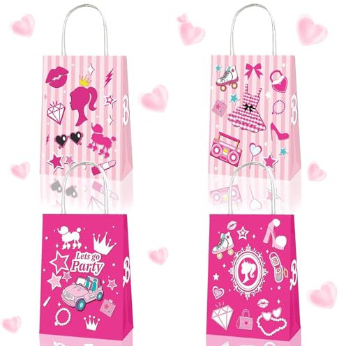 Sacchetti da Regalo, 16 Pcs Princess Party Favors Bags, Sacchettini Carta Kraft con Manici, Sacchettini Compleanno Bambini, Sacchetti di Caramelle Barbi, Borse Carta per Feste di Compleanno