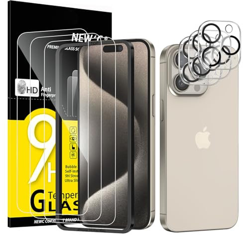 NEW'C 3x for iPhone 15 Pro Max Screen Protector (6.7 inches)+ 3x Camera Lens Protector, Sensor Protection, Case Friendly Tempered Glass Film + Dust Plug- Easy installation tool include