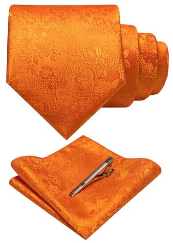 JEMYGINS Cravates et mouchoirs de poche à fleurs pour homme disponibles avec pince à cravate, Orange vif/orange persan, M
