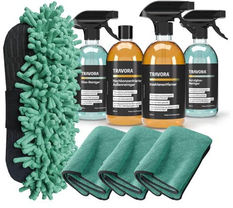 TRAVORA Premium Camper & Caravan Reinigungsset - 6-teiliges Reinigungsset inkl. Bio-Außenreiniger Konzentrat, Insektenentferner, Glasreiniger, Acrylglas Reiniger, Schwamm, 3X Microfasertuch