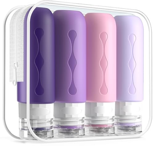 Gemice Silikon Reiseflaschen 90ml Set, 4 Stück auslaufsichere Reise Container und Reise Toilettenartikel Set, FDA zugelassene nachfüllbare Flüssigkeitsbehälter für Shampoo Creme Spülung Körperpflege
