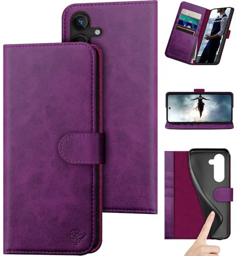 DuckSky Compatible with Samsung Galaxy S25 Genuine Leather Wallet case【RFID Blocking】【4 Credit Card Holder】【Real Leather】 Flip Folio Book Phone case Cover Women Men for Samsung S25 case Purple