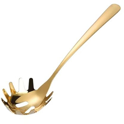 Cuchara de pasta de acero inoxidable, cuchara de espagueti, tenedor de espaguetis con mango ergonómico, utensilio de fideos para cocina, 9.4 pulgadas (dorado)