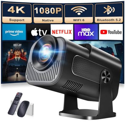 Beamer 4K Projektor Full HD 1080P Android Tragbarer Projektor, Mini Beamer mit WiFi 6 und Bluetooth 5.2 & 270° Dreh Proyector, Intelligenter Beamer für PC/HDMI/USB, mit Maus und Fernbedienung,Schwarz