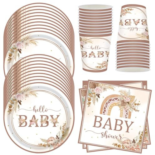 MEZHEN Baby Shower Partygeschirr Boho Kindergeburtstag Deko Geburtstag Party Geschirr Regenbogen Pappteller Becher Servietten Babyparty Tischdeko 20 Gäste