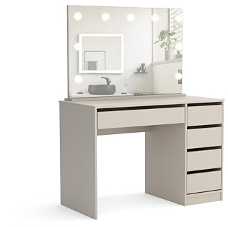 Gregory Bis - Schminktisch mit Beleuchtung, Schminktisch mit Spiegel und Schubladen, Frisiertisch 110 cm Breit, Vanity Table, Kosmetiktisch Beige