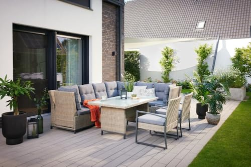 Primaster Gartenmöbel-Set Elba 7 Personen Gartenlounge Polyrattan Sitzgruppe Alu Sitzgruppe Gartentisch Grau Beige 5-TLG