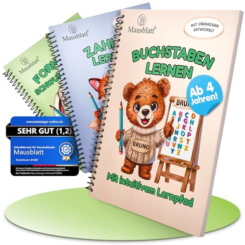 Mausblatt® 3er Set Buchstaben lernen ab 4 - Zahlen lernen ab 4 - Form- und Schwungübungen ab 4 - Vorschule Übungshefte ab 4 5 6 Junge & Mädchen - lesen lernen Vorschule - Schreiben lernen ab 4