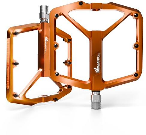 IMPALAPRO – CNC-Aluminium Fahrradpedale 9/16″ mit extra breiter Plattform, abnehmbaren Anti-Rutsch Pins & Reflektoren – ultraleichte MTB Pedale 355 g (Mandarine)