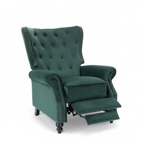 Bottle Green Velvet Wingback Recliner – Chesterfield Armchairs Style, High Back Wing Back Arm Chair, Fireside Chairs for Living Room & Elderly with Buttoned Back, Studs & Wooden Legs