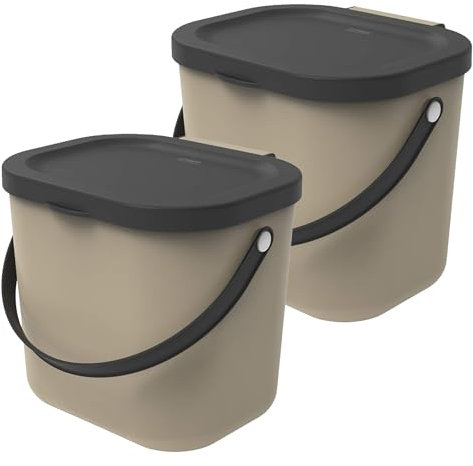 Rotho Albula 2er-Set Biomülleimer 6l mit Deckel und Henkel für die Küche, Kunststoff (PP) BPA-frei, (Beige)