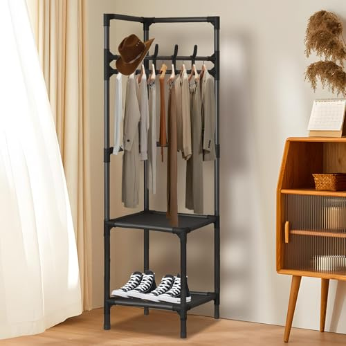 ZHTLTHZ Garderobenständer Eckgarderobe mit Schuhbank, 4 Haken, Platzsparend, Multifunktionales Design, Geeignet Für Flur Wohnzimmer Schlafzimmer Büro Flur Eingang, Kleidung, Hüte,2 Layer(Schwarz)