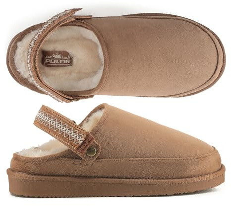 Polar Women's Suede Comfort Faux Fur Slippers – Breathable Slip-On with Adjustable Strap & Lightweight Durable Sole – Casual Everyday Footwear for Home, Travel & Walking – Tan Aztec 6