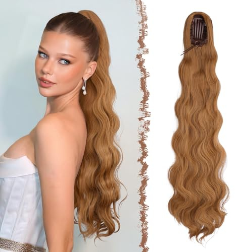 FESHFEN Pferdeschwanz mit Kordelzug Synthetik Wellen Zopf Haarteil, 75 cm | Comb Clip in Ponytail Extension für Damen, Hitzebeständig Natürlich Haarzopf für Karneval Alltag, Erdbeerblond