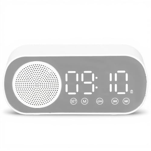 YUEHISY Choix D'ALARME Numérique HiFi, Bluetooth 5.0 Horloge de Miroir D'enceintes avec Deux Méthodes de Charge, FM Radio, pour Lire Le Voyage