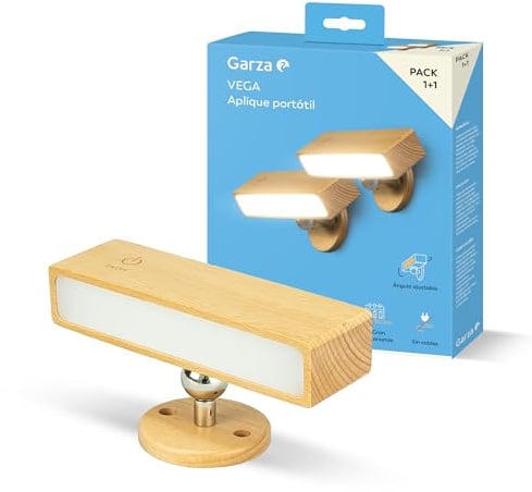Garza - Pack 1+1 Applique LED Murale Portable Vega 2W 240lm, lumière réglable 4000K, Batterie 3000mAh jusqu'à 30 Jours, USB-C, Installation sans Fil, Design en Bois Clair