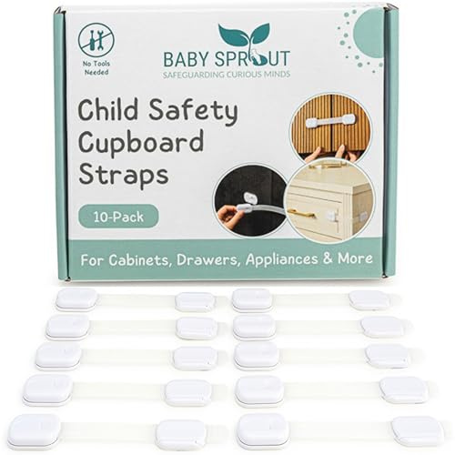 Cupboard Locks for Children - BABY SPROUT® Child Safety Straps - (10 Pack) Baby Proof Cupboard & Drawer Locks – Easy No-Tool 30-Second Install for Cabinets, Drawers & Appliances