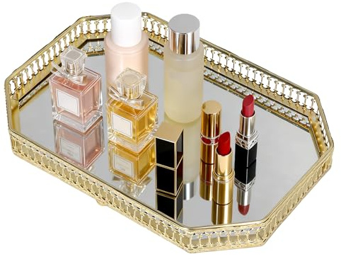 Bandeja Decorativa con Espejo de Dorado, Geométrica Plato Decorativo para Servir Organizador de Perfume de Maquillaje para Tocador, Encimera de Baño
