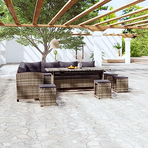 Holamys 6-TLG. Garten-Lounge-Set, erweiterbarer Tisch, Poly Rattan Grau, Ecksofa, 4 Hocker, Kissen, für Terrasse, Balkon, Gartenmöbel