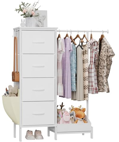 Kommode mit 4 Stoff Schubladen und Kleiderstange, 110cm Hoch Stabil Komodenschrank Schmaler Kleiderschrank für Schlafzimmer Flur Kinderzimmer, Platzsparender Wäscheschrank mit Schuhablage, Weiß
