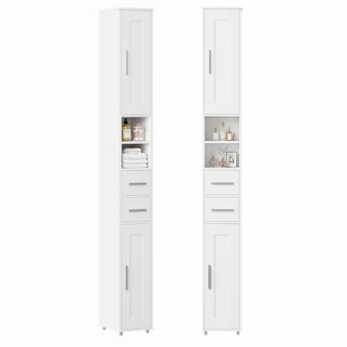 APICIZON Badezimmerschrank, Badschrank Schmal, Badezimmerschrank schmal, Badschrank mit verstellbaren Einlegeböden und Schublade, Nischenschrank für Waschbecken, WC, Waschmaschine, Weiss
