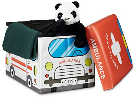 Relaxdays Faltbare Spielzeugkiste Krankenwagen HBT 32 x 48 x 32 cm stabiler Kinder Sitzhocker als Spielzeugbox Kunstleder mit Stauraum ca. 37 l und Deckel zum Abnehmen für Kinderzimmer, Ambulance