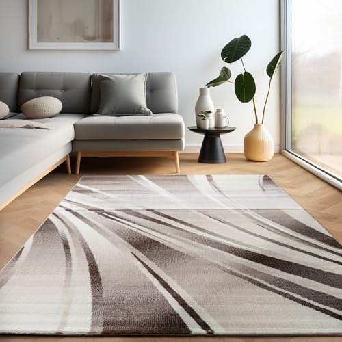 Carpettex Teppich Wohnzimmer Kurzflor 200 x 290 cm Modern Abstrakt Wellen Design Braun - Teppich Schlafzimmer Extra Weich Flauschig Waschbar Küchenteppich - Esszimmer Kinderzimmer Wohnzimmerteppich